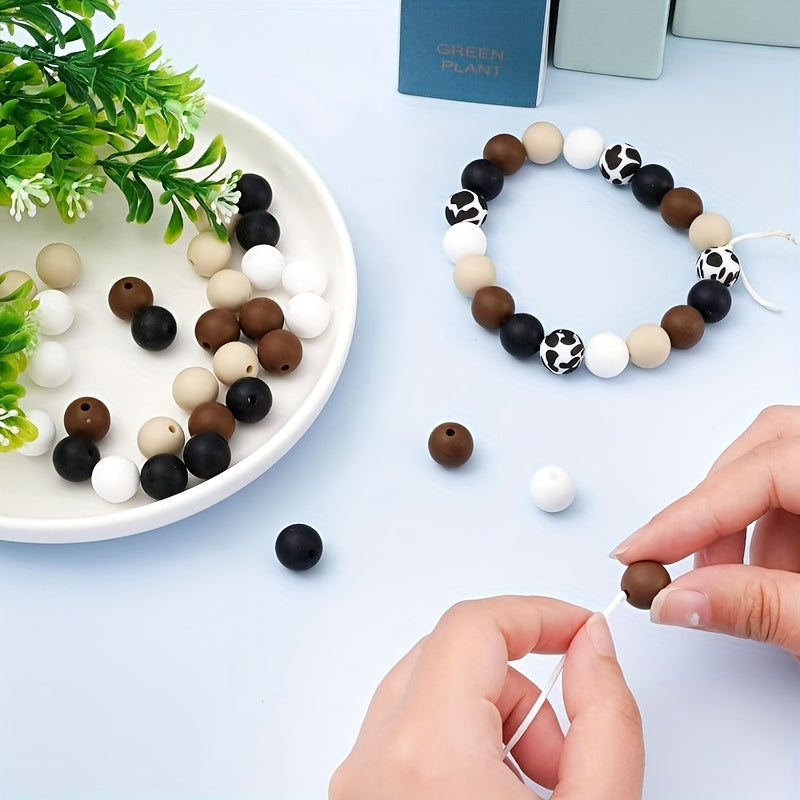 [100pcs Cow Print Silicone Beads] 100pcs 15mm Cow Print Silicone Beads with String, Round Brown and Blue Bulk Beads