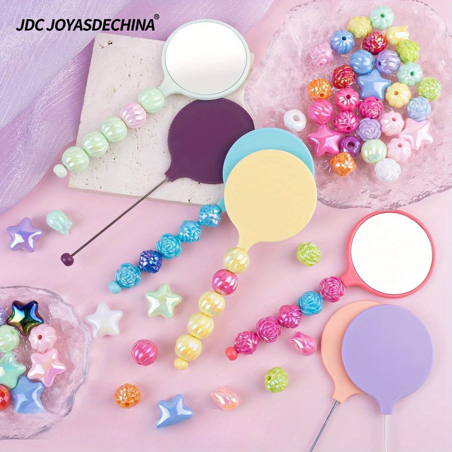 8pcs DIY Beadable Handheld Mirrors Mini Heart/ Round Shape Mirror for DIY Beaded Crafts