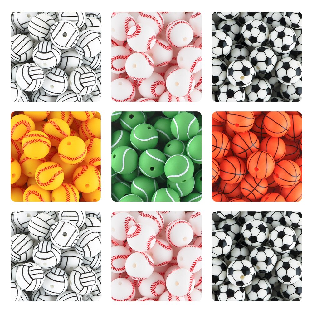 20Pcs/Lot New Printed Silicone Beads 15mm Baseball Tennis Basketball Beads For Jewelry Making DIY Necklace Jewelry Accessorie