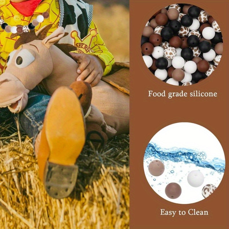[100pcs Cow Print Silicone Beads] 100pcs 15mm Cow Print Silicone Beads with String, Round Brown and Blue Bulk Beads