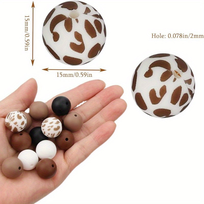 [100pcs Cow Print Silicone Beads] 100pcs 15mm Cow Print Silicone Beads with String, Round Brown and Blue Bulk Beads