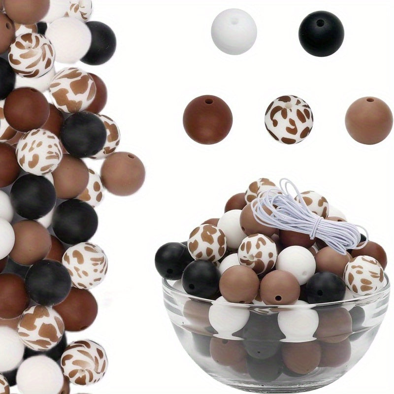 [100pcs Cow Print Silicone Beads] 100pcs 15mm Cow Print Silicone Beads with String, Round Brown and Blue Bulk Beads