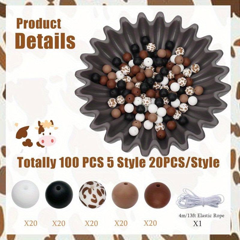 [100pcs Cow Print Silicone Beads] 100pcs 15mm Cow Print Silicone Beads with String, Round Brown and Blue Bulk Beads