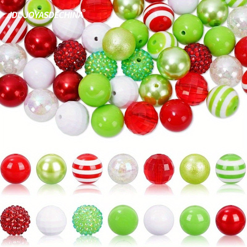 [50pcs Mixed Beads] 50pcs Mixed Beads | 14 Styles, Bubble Gum, Red Green Spacer, Giant Plastic Beads | For Holiday Crafts, Jewelry Making, Necklaces, Bracelets