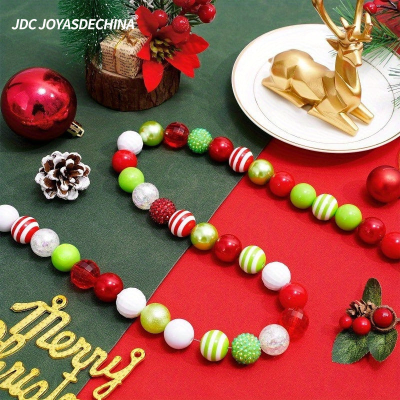 [50pcs Mixed Beads] 50pcs Mixed Beads | 14 Styles, Bubble Gum, Red Green Spacer, Giant Plastic Beads | For Holiday Crafts, Jewelry Making, Necklaces, Bracelets