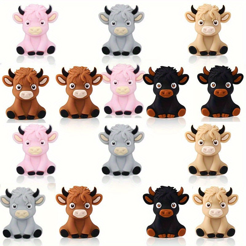 [15pcs Colorful Highland Cow Beads] 15pcs 3D Highland Cow Silicone Beads in 5 Colors Suitable for String Bead Accessories Jewelry Making Silicone Beads