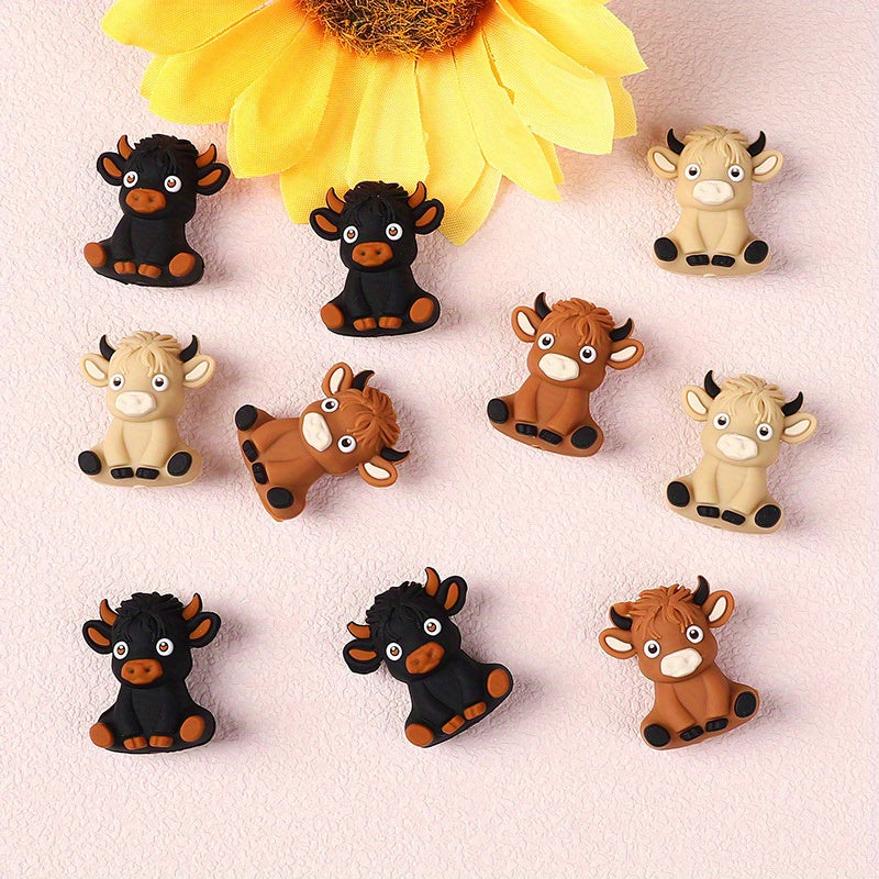 [15pcs Colorful Highland Cow Beads] 15pcs 3D Highland Cow Silicone Beads in 5 Colors Suitable for String Bead Accessories Jewelry Making Silicone Beads