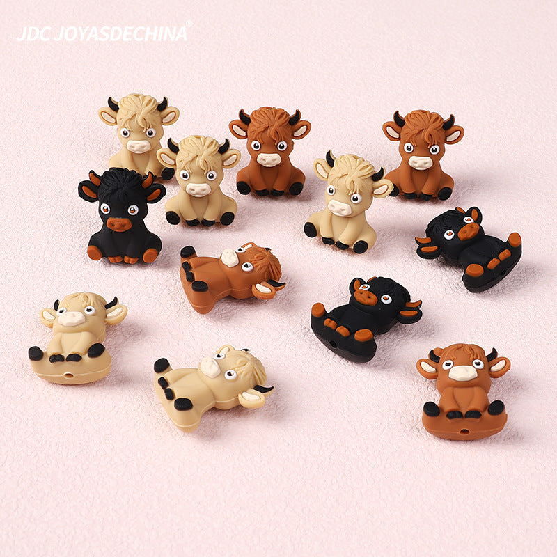 [15pcs Colorful Highland Cow Beads] 15pcs 3D Highland Cow Silicone Beads in 5 Colors Suitable for String Bead Accessories Jewelry Making Silicone Beads