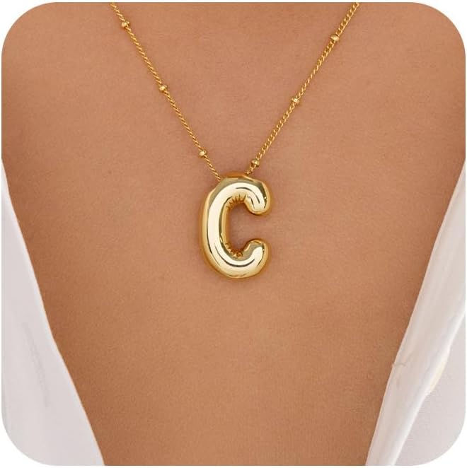 Bubble Letter Necklace Gold for Women,14K Gold Plated Bubble initial Necklace Layered Gold Initial Necklaces for Women Trendy Dainty Chunky Charm Name Necklace Gold Jewelry Set Gifts for her