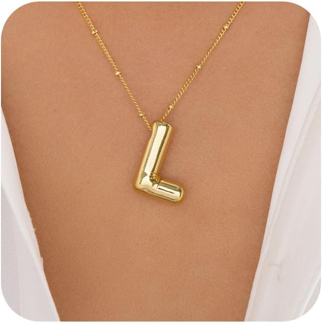 Bubble Letter Necklace Gold for Women,14K Gold Plated Bubble initial Necklace Layered Gold Initial Necklaces for Women Trendy Dainty Chunky Charm Name Necklace Gold Jewelry Set Gifts for her