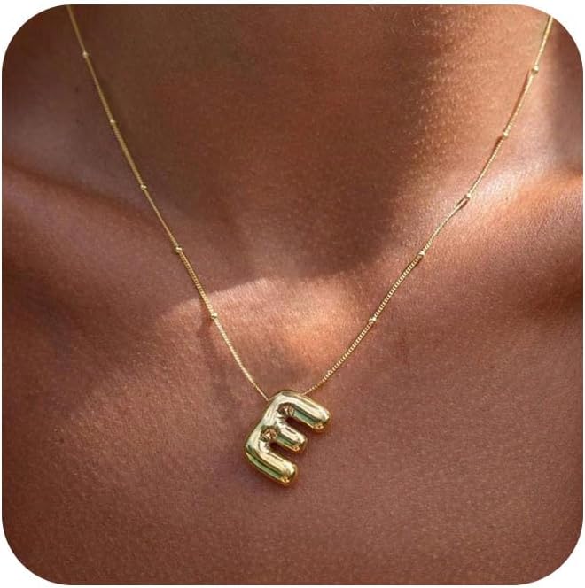 Bubble Letter Necklace Gold for Women,14K Gold Plated Bubble initial Necklace Layered Gold Initial Necklaces for Women Trendy Dainty Chunky Charm Name Necklace Gold Jewelry Set Gifts for her
