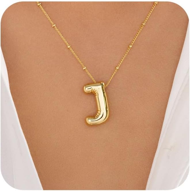 Bubble Letter Necklace Gold for Women,14K Gold Plated Bubble initial Necklace Layered Gold Initial Necklaces for Women Trendy Dainty Chunky Charm Name Necklace Gold Jewelry Set Gifts for her