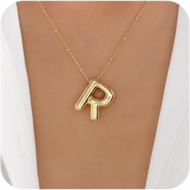Bubble Letter Necklace Gold for Women,14K Gold Plated Bubble initial Necklace Layered Gold Initial Necklaces for Women Trendy Dainty Chunky Charm Name Necklace Gold Jewelry Set Gifts for her