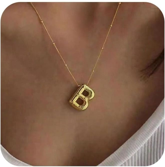 Bubble Letter Necklace Gold for Women,14K Gold Plated Bubble initial Necklace Layered Gold Initial Necklaces for Women Trendy Dainty Chunky Charm Name Necklace Gold Jewelry Set Gifts for her