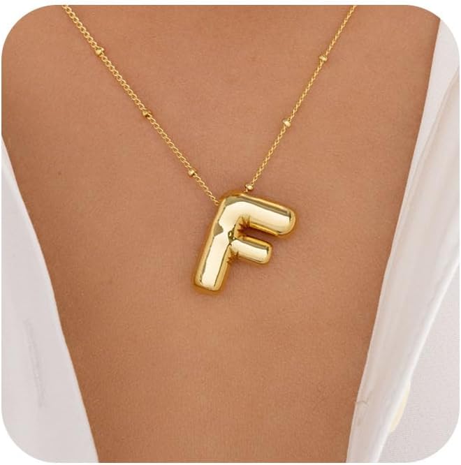 Bubble Letter Necklace Gold for Women,14K Gold Plated Bubble initial Necklace Layered Gold Initial Necklaces for Women Trendy Dainty Chunky Charm Name Necklace Gold Jewelry Set Gifts for her