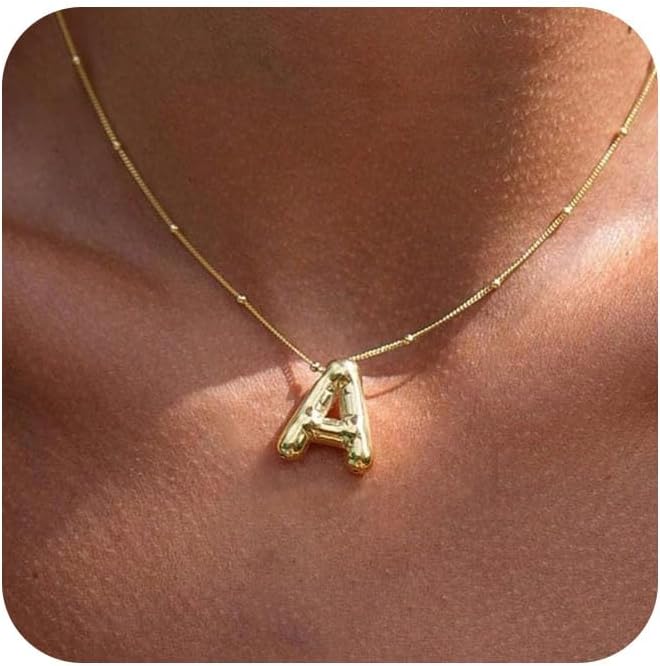 Bubble Letter Necklace Gold for Women,14K Gold Plated Bubble initial Necklace Layered Gold Initial Necklaces for Women Trendy Dainty Chunky Charm Name Necklace Gold Jewelry Set Gifts for her