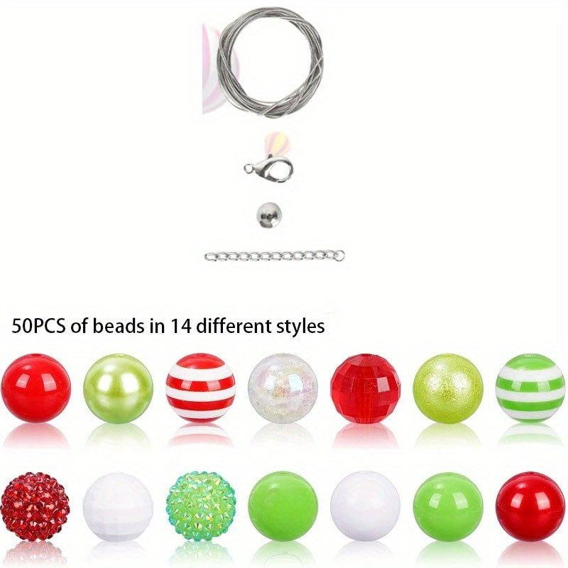 [50pcs Mixed Beads] 50pcs Mixed Beads | 14 Styles, Bubble Gum, Red Green Spacer, Giant Plastic Beads | For Holiday Crafts, Jewelry Making, Necklaces, Bracelets