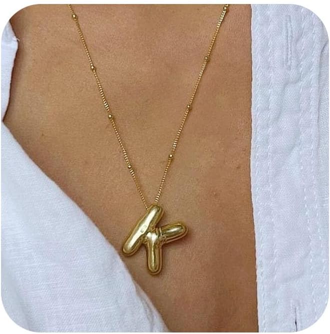 Bubble Letter Necklace Gold for Women,14K Gold Plated Bubble initial Necklace Layered Gold Initial Necklaces for Women Trendy Dainty Chunky Charm Name Necklace Gold Jewelry Set Gifts for her