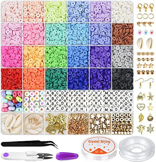 6000 Pcs Clay Beads for Bracelet Making, 24 Colors Flat Round Polymer Clay Beads 6mm Spacer Heishi Beads with Pendant Charms Kit and Elastic Strings for Jewelry Making Kit Bracelets Necklace