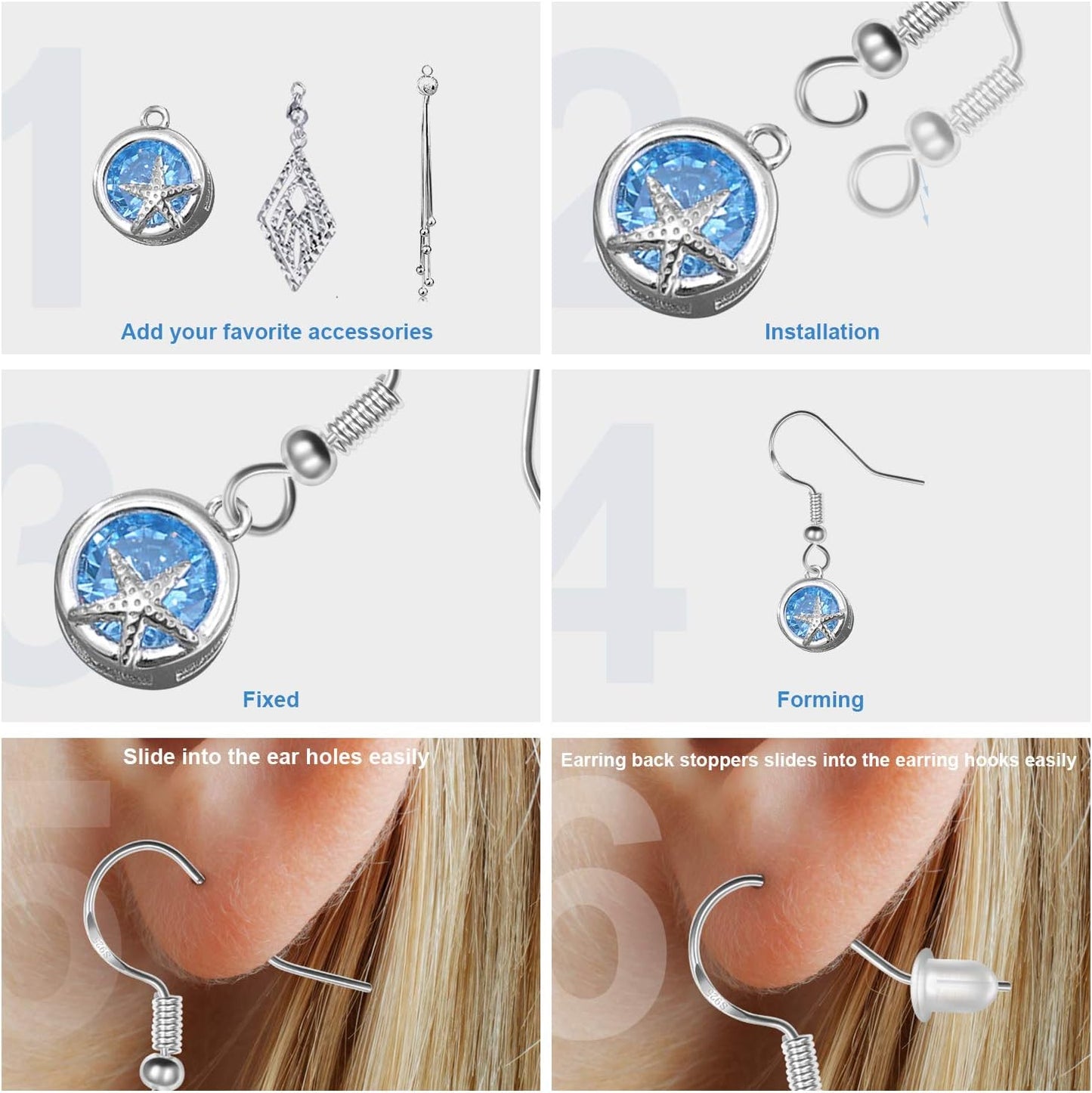 925 Sterling Silver Earring Hooks 120 PCS/60 Pairs, Ear Wires Fish Hooks, Hypo-allergenic Jewelry Findings Parts with 120 PCS Clear Silicone Earring Backs