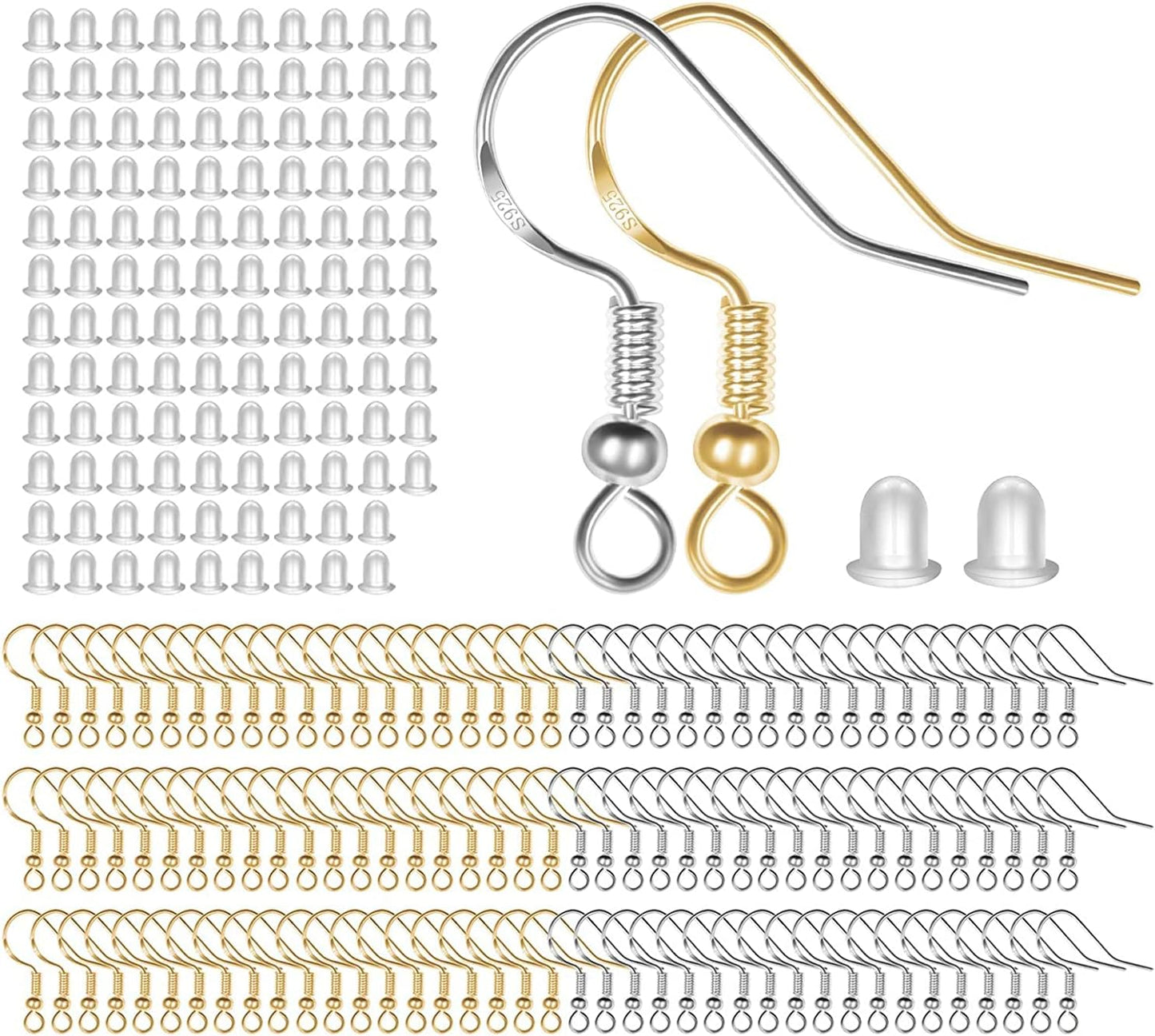 925 Sterling Silver Earring Hooks 120 PCS/60 Pairs, Ear Wires Fish Hooks, Hypo-allergenic Jewelry Findings Parts with 120 PCS Clear Silicone Earring Backs