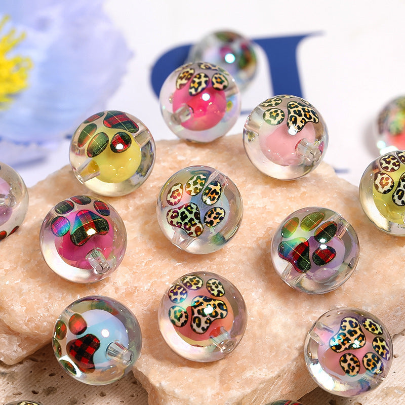 [Leopard Print Cat Paw Beads] 36pcs high transparency acrylic beads, leopard print cat paw print beads, mobile phone chain bead pens, accessory materials, loose beads