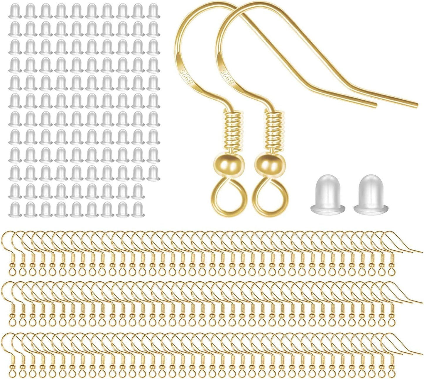 925 Sterling Silver Earring Hooks 120 PCS/60 Pairs, Ear Wires Fish Hooks, Hypo-allergenic Jewelry Findings Parts with 120 PCS Clear Silicone Earring Backs