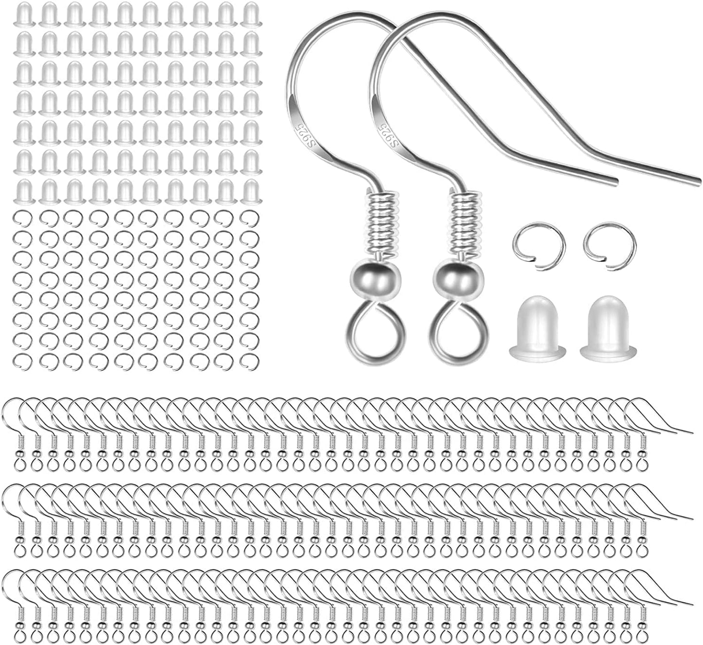 925 Sterling Silver Earring Hooks 120 PCS/60 Pairs, Ear Wires Fish Hooks, Hypo-allergenic Jewelry Findings Parts with 120 PCS Clear Silicone Earring Backs