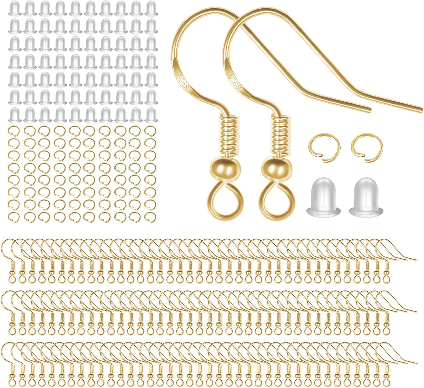 925 Sterling Silver Earring Hooks 120 PCS/60 Pairs, Ear Wires Fish Hooks, Hypo-allergenic Jewelry Findings Parts with 120 PCS Clear Silicone Earring Backs
