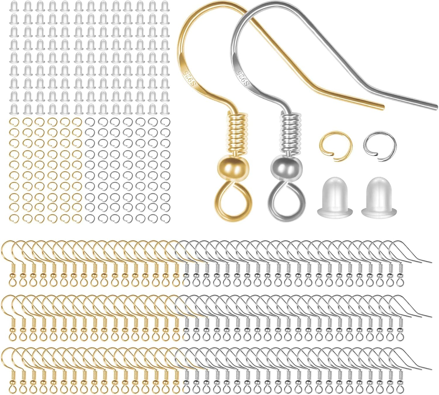 925 Sterling Silver Earring Hooks 120 PCS/60 Pairs, Ear Wires Fish Hooks, Hypo-allergenic Jewelry Findings Parts with 120 PCS Clear Silicone Earring Backs