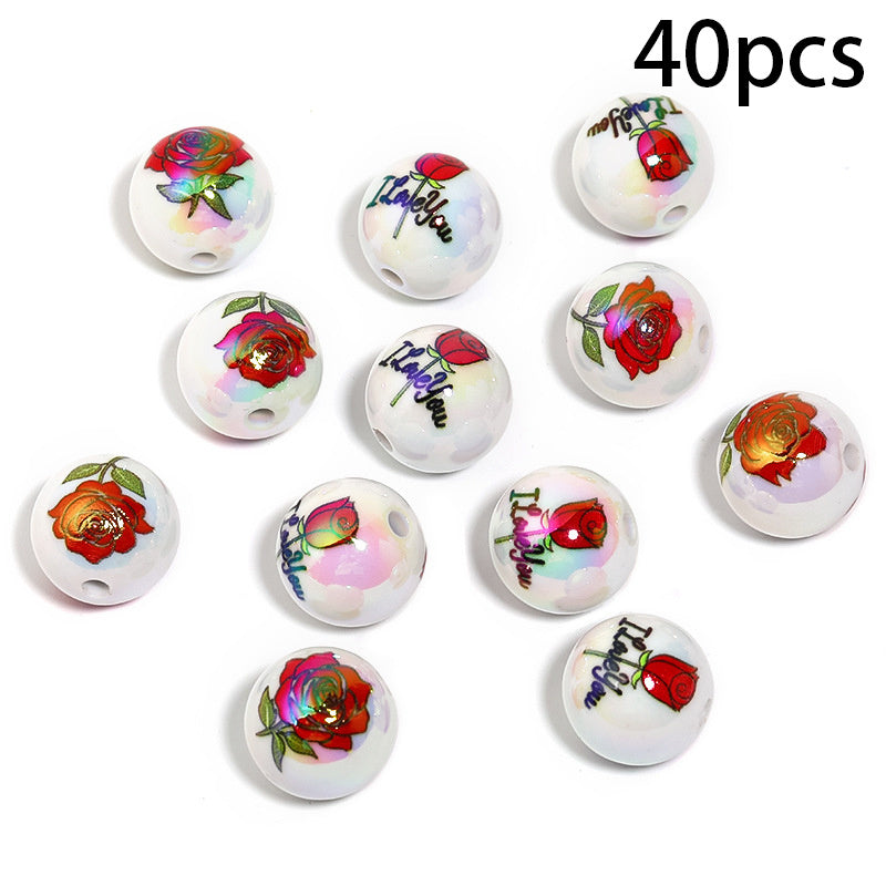 [40pcs Love ECG Beads] 40pcs UV Plated Color Acrylic Beads | Love ECG Printed DIY Beading Pen Jewelry Accessories Loose Beads