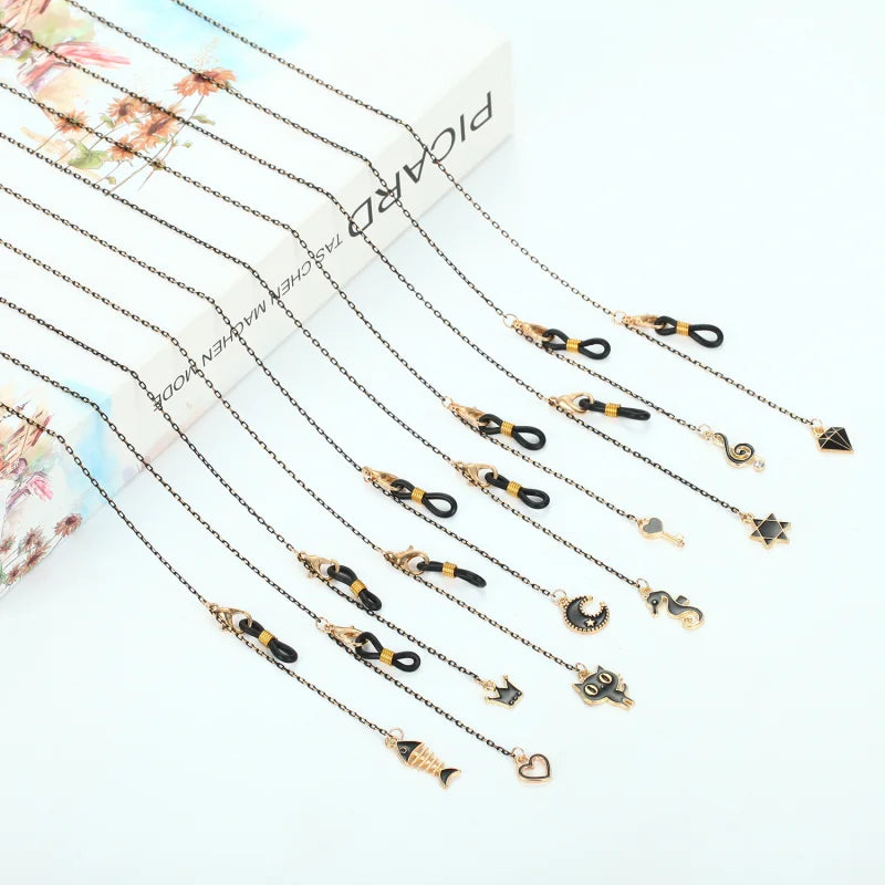 Fashion Vintage Black Eyeglass Lanyard Cartoon Animal Pendant Metal Strap Glasses Chain For Women Sunglasses Holder Cord