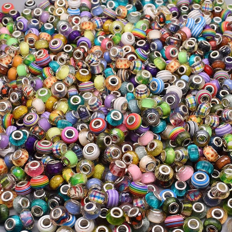 100pcs Mixed Color Round Acrylic European Beads Big Hole Charm Beads For Jewelry bracelet Making DIY Accessories 50PCS/Lot