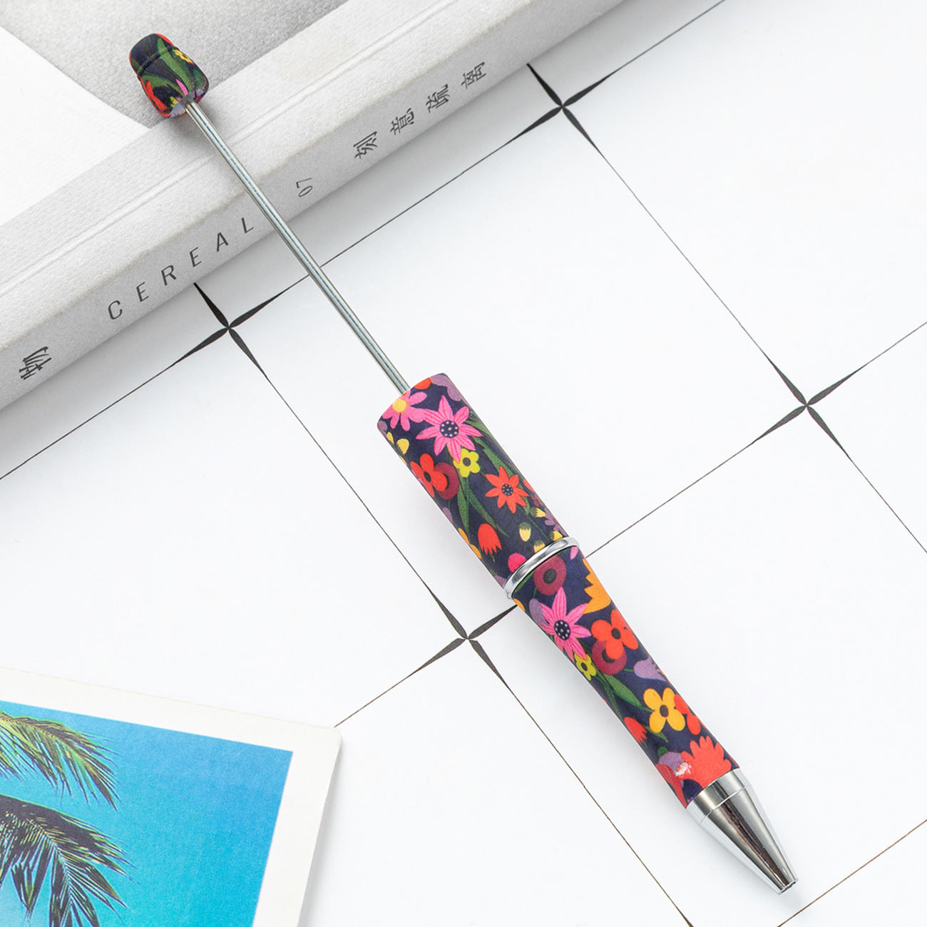 Diy plastic beaded pen creative handmade Leopard floral beaded pen wholesale high-value printed plastic beaded pen