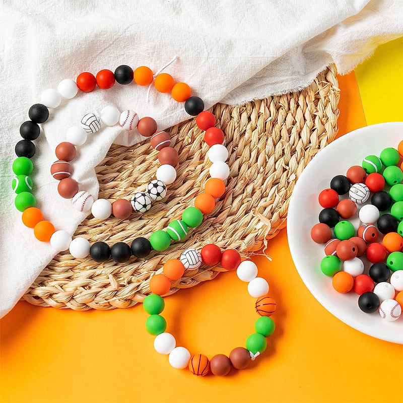 Three-dimensional basketball printing silicone beads children's sports style jewelry bracelet loose beads baseball silicone beads wholesale