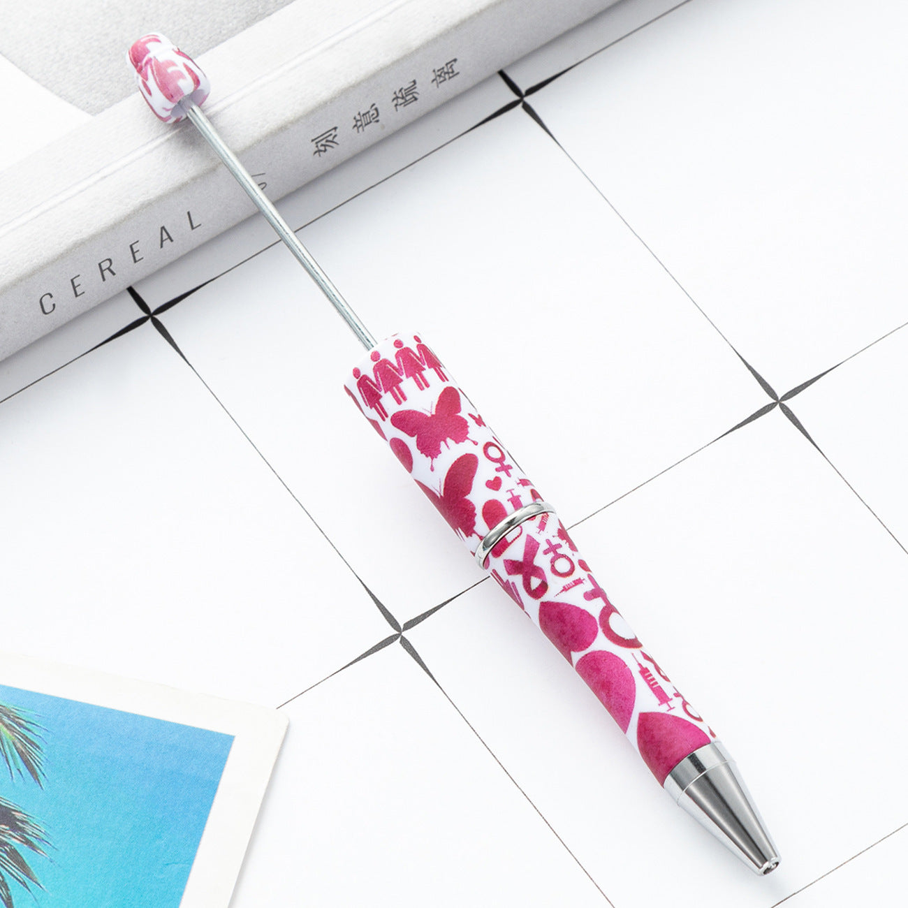 Diy plastic beaded pen creative handmade Leopard floral beaded pen wholesale high-value printed plastic beaded pen