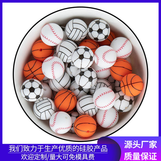 Three-dimensional basketball printing silicone beads children's sports style jewelry bracelet loose beads baseball silicone beads wholesale