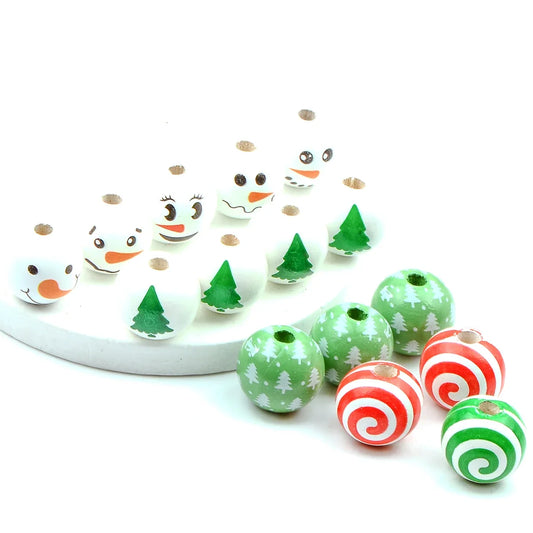 15pcs Beautiful Colorful Christmas snowman wooden bead， Fashion Large Hole Bead， for Gift Make DIY Necklace Bracelet Accessories