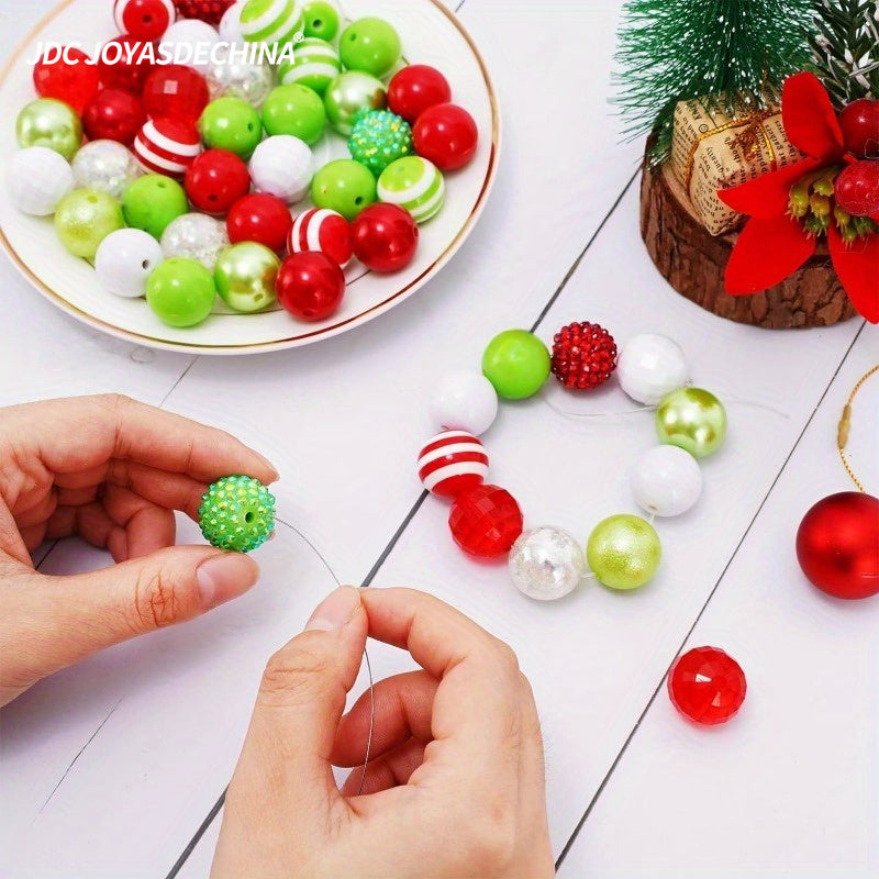 [50pcs Mixed Beads] 50pcs Mixed Beads | 14 Styles, Bubble Gum, Red Green Spacer, Giant Plastic Beads | For Holiday Crafts, Jewelry Making, Necklaces, Bracelets