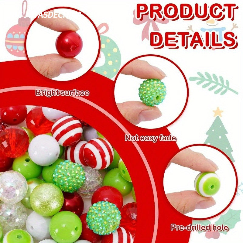 [50pcs Mixed Beads] 50pcs Mixed Beads | 14 Styles, Bubble Gum, Red Green Spacer, Giant Plastic Beads | For Holiday Crafts, Jewelry Making, Necklaces, Bracelets