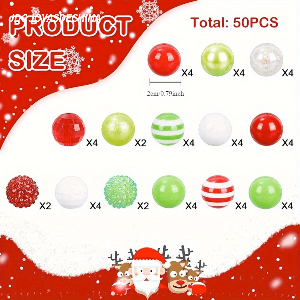 [50pcs Mixed Beads] 50pcs Mixed Beads | 14 Styles, Bubble Gum, Red Green Spacer, Giant Plastic Beads | For Holiday Crafts, Jewelry Making, Necklaces, Bracelets