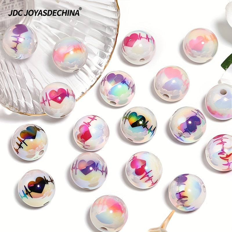 [40pcs Love ECG Beads] 40pcs UV Plated Color Acrylic Beads | Love ECG Printed DIY Beading Pen Jewelry Accessories Loose Beads