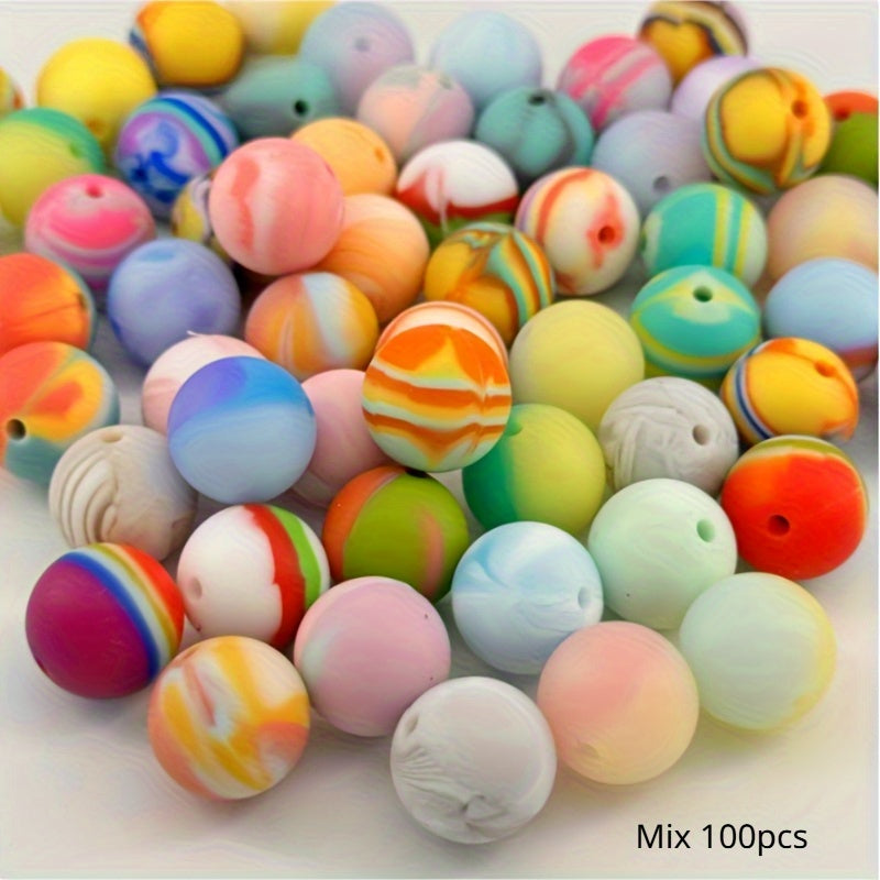 100pcs 15mm Patterned Silicone Beads Bulk Assorted Styles for DIY Bracelet Keychain Pen Necklace Jewelry Making Kit