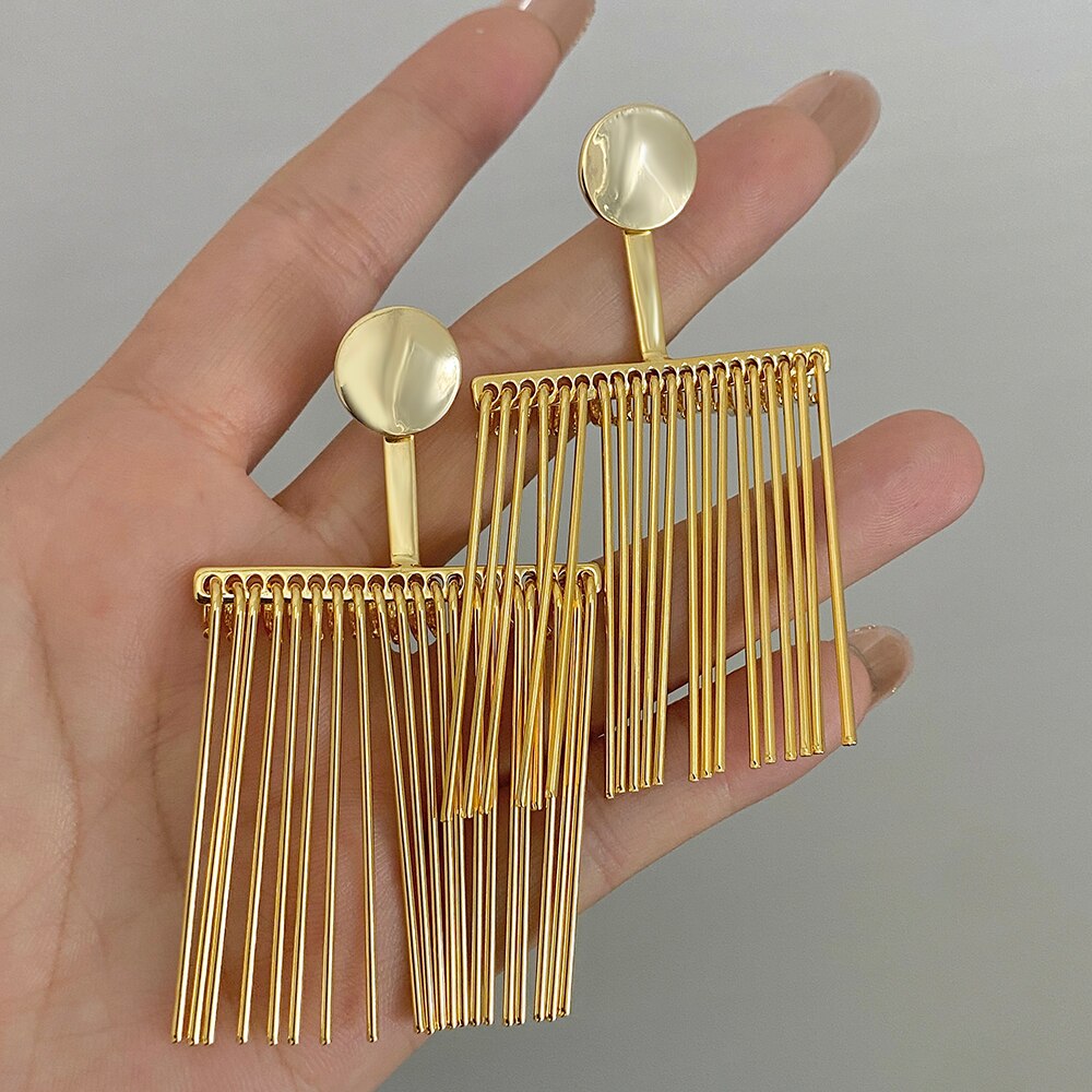 AENSOA Exaggerated Statement Copper Gold Plated Hollow Fringe Tassel Dangle Earrings for Women Large Geometric Hanging Earring