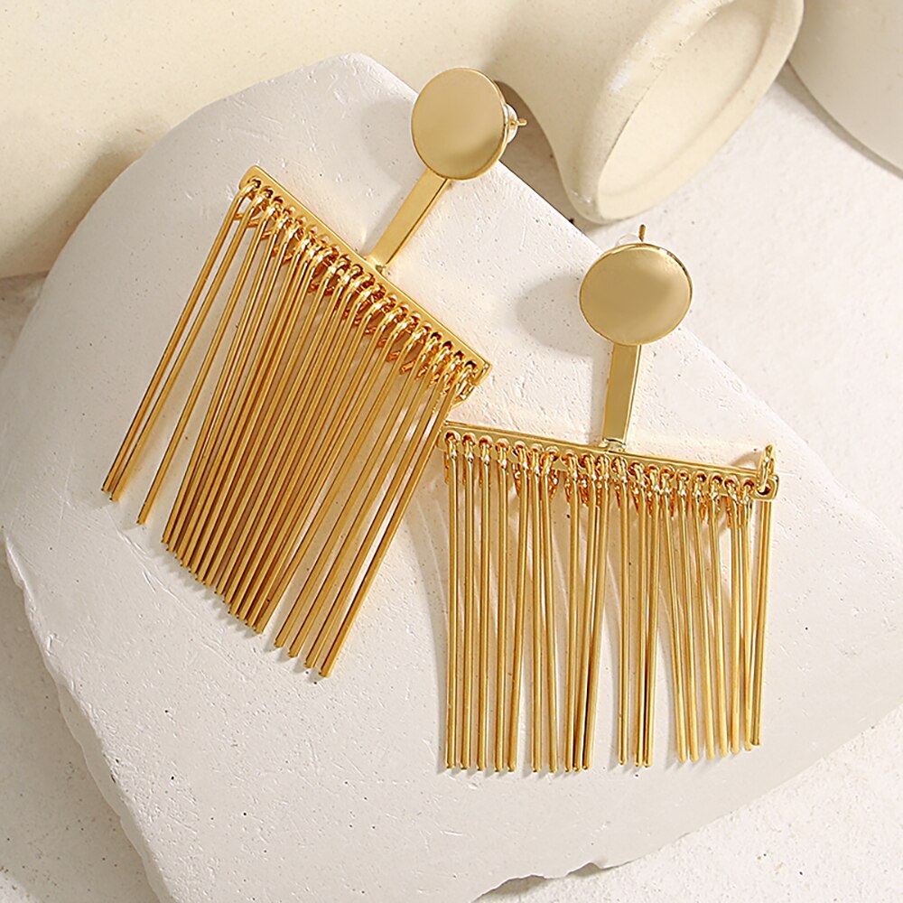 AENSOA Exaggerated Statement Copper Gold Plated Hollow Fringe Tassel Dangle Earrings for Women Large Geometric Hanging Earring