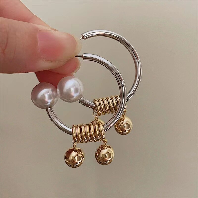 AENSOA Gold Silver Color Geometric Metal C Shape Hoop Earrings for Women Personality Twist Ball Pendant Pearl Fashion Earring