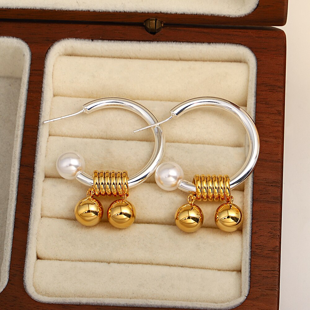 AENSOA Gold Silver Color Geometric Metal C Shape Hoop Earrings for Women Personality Twist Ball Pendant Pearl Fashion Earring