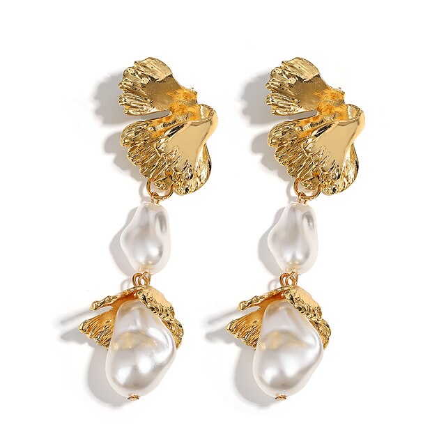 AENSOA Korean Vintage Floral Long Pearl Metal Drop Earrings for Women Fashion Irregular Pearl Earrings Bridal Wedding Jewelry