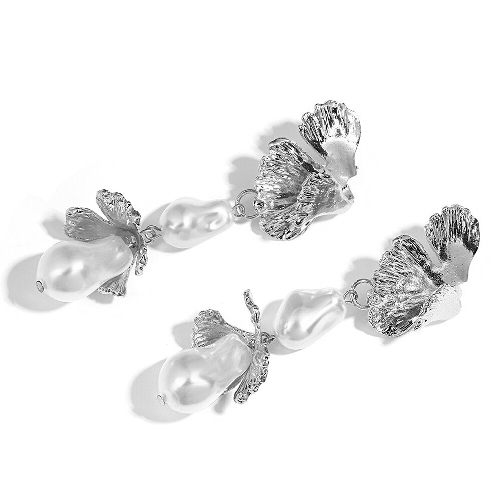 AENSOA Korean Vintage Floral Long Pearl Metal Drop Earrings for Women Fashion Irregular Pearl Earrings Bridal Wedding Jewelry