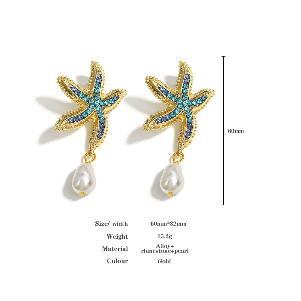 AENSOA Vintage Gold Color Blue Crystal Conch Pendant Pearl Earrings for Woman Exaggerated Big Starfish Metal Statement Earring